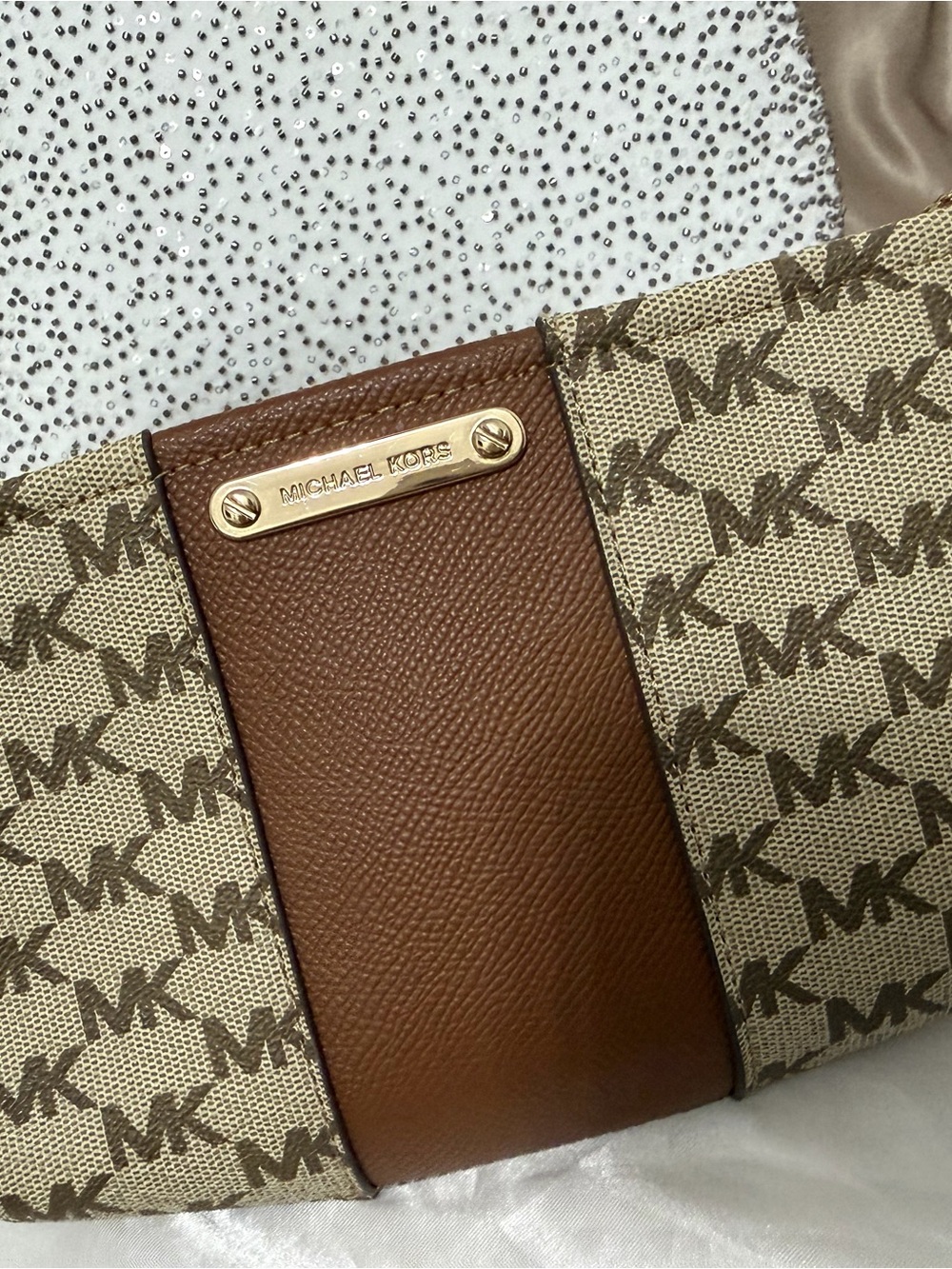 Michael Kors Tan and Brown MK Logo Shoulder Bag